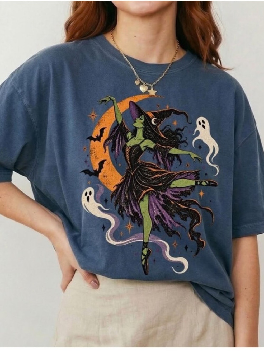 Blue Witch Dancing Graphic Tee, Boho Moonlight T-Shirt